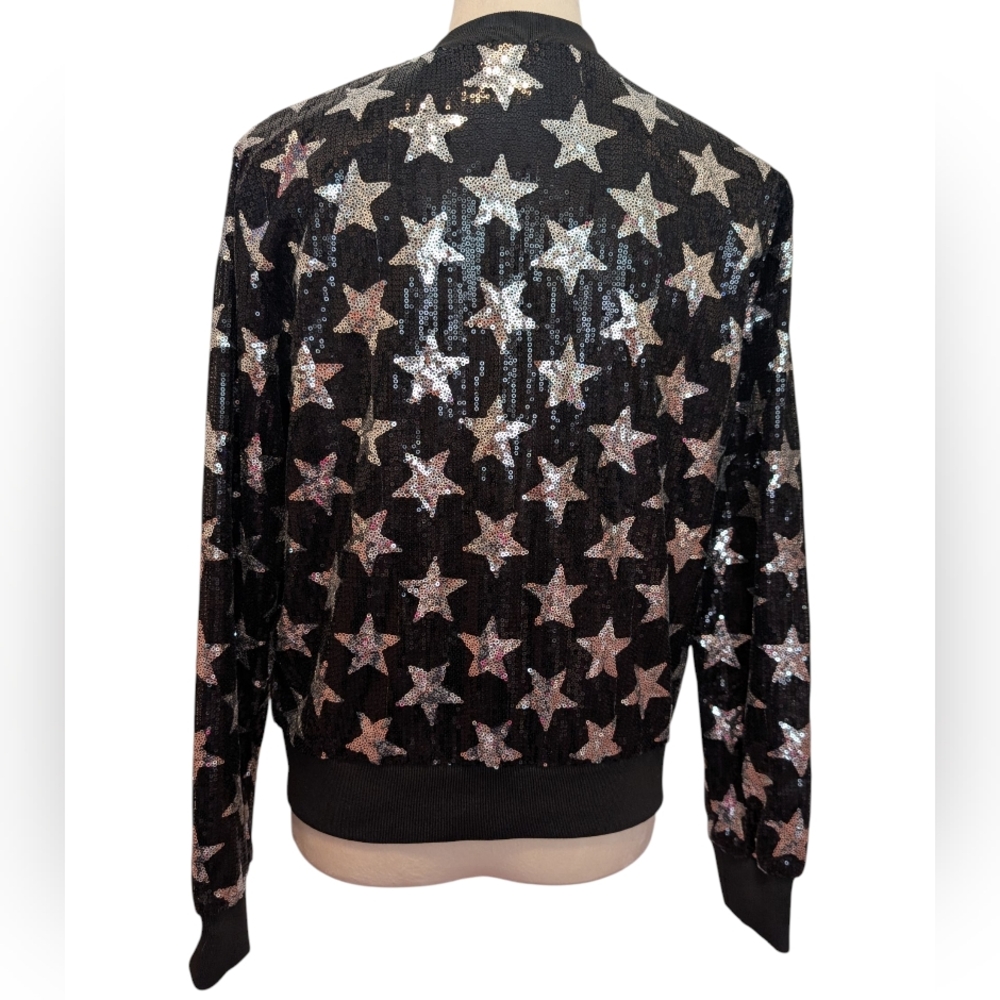 Say What? Women's Size Small Sequin Star Bomber Jacket Silver Glitter Glam - Picture 2 of 9